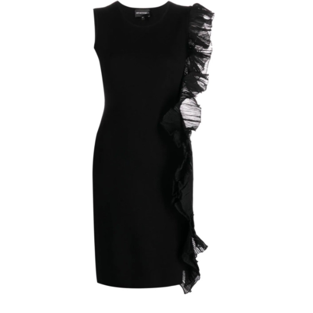 Emporio Armani Black Asymmetric-Ruffle Sleeveless Knit Bodycon Dress sz 46 NWT